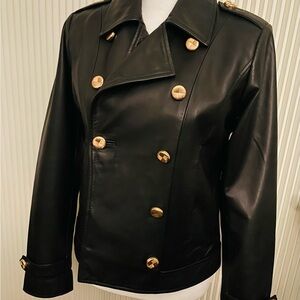Classic Black Leather Double-Breasted Jacket with RoseGold Buttons